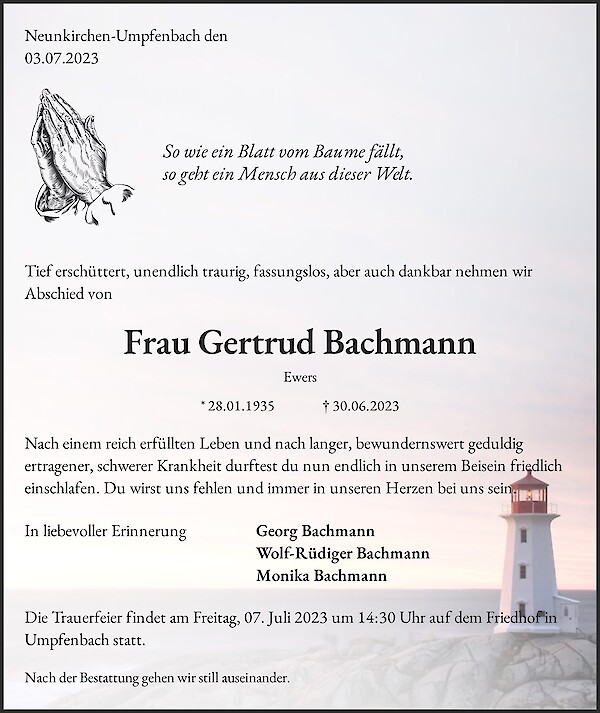 Obituary Frau Gertrud Bachmann, Neunkirchen-Umpfenbach