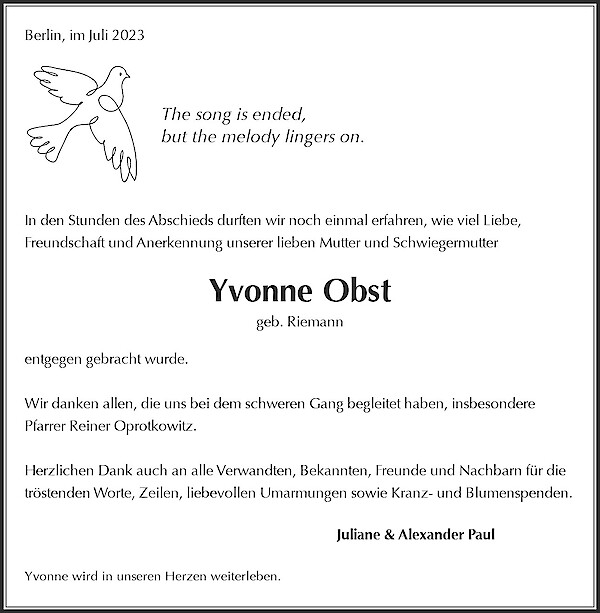 Traueranzeige von Yvonne Obst