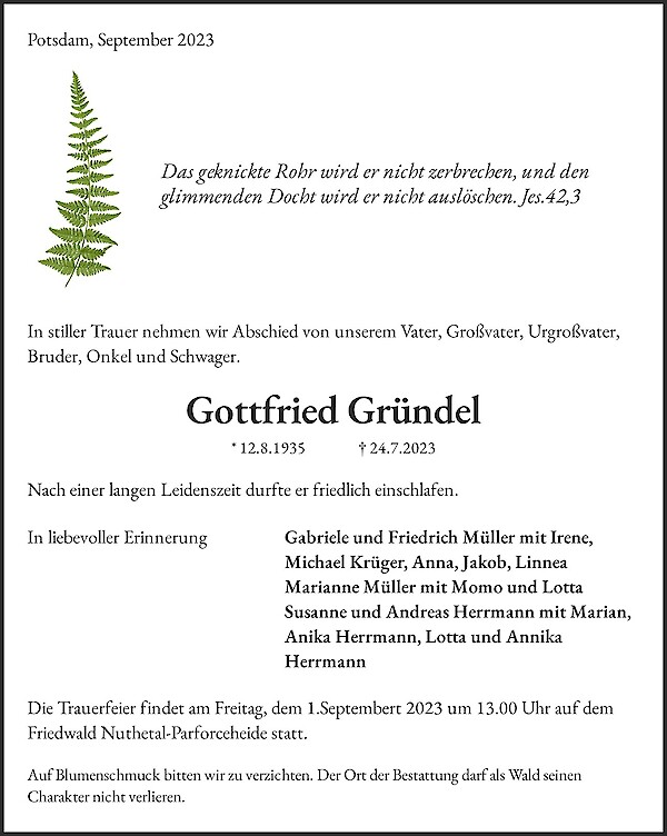 Obituary Gottfried Gründel, Potsdam