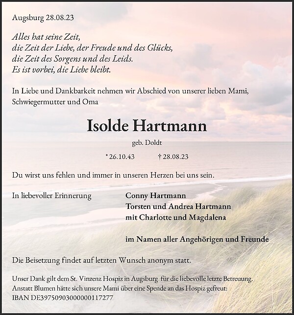 Obituary Isolde Hartmann, Karlsruhe