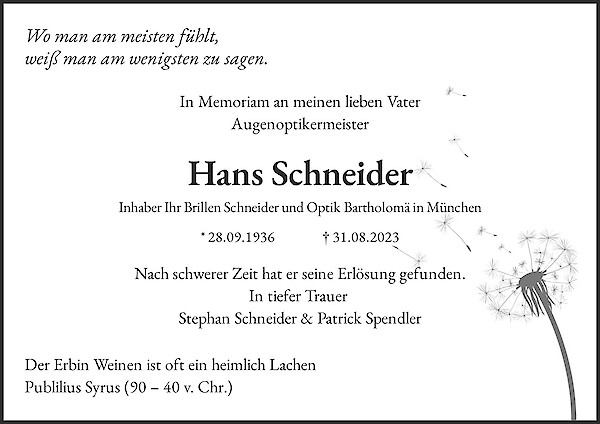 Obituary Hans Schneider, München
