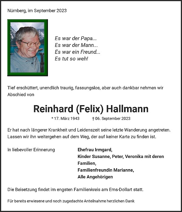 Obituary Reinhard (Felix) Hallmann, Nürnberg