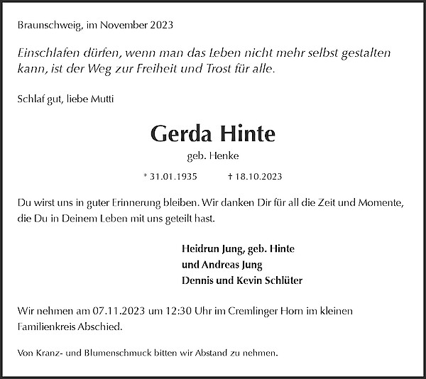 Obituary Gerda Hinte, Braunschweig