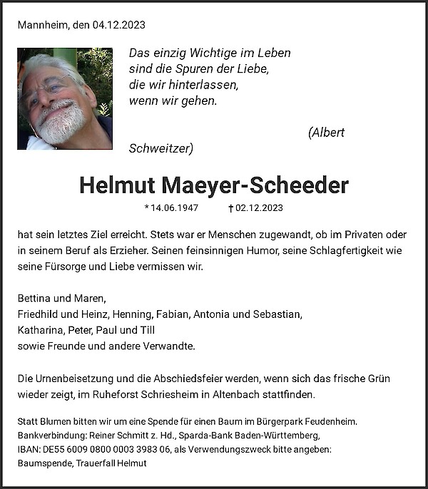 Obituary Helmut Maeyer-Scheeder, Mannheim