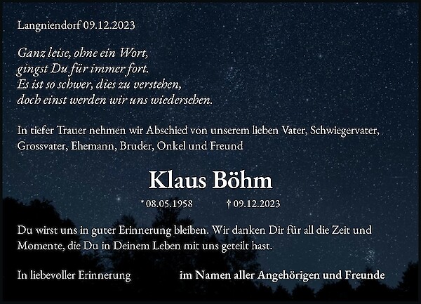 Obituary Klaus Böhm, Langniendorf