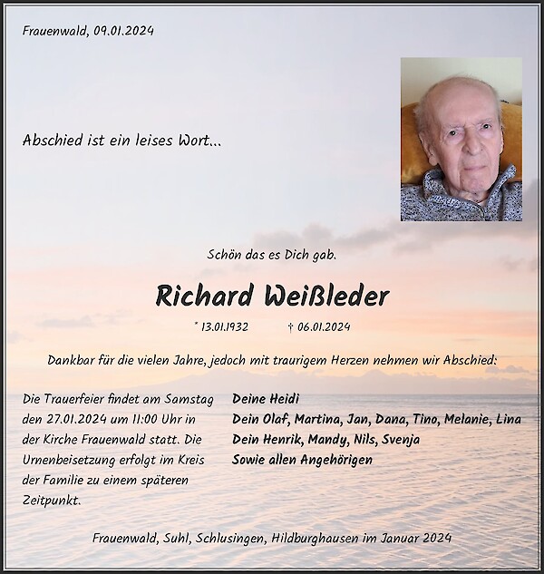 Obituary Richard Weißleder, Ilmenau, OT Frauenwald