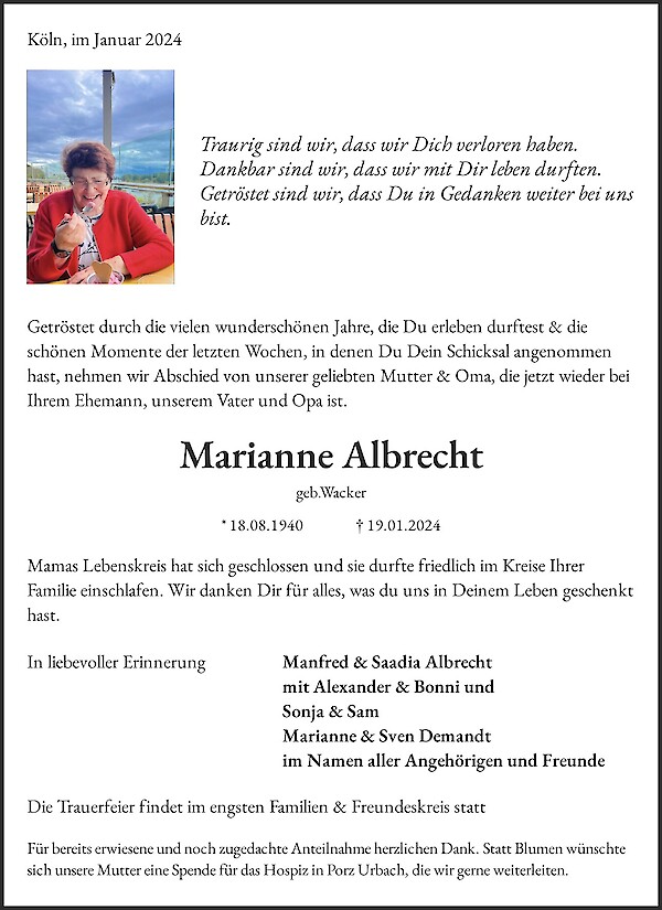 Obituary Marianne Albrecht, Köln-Flittard