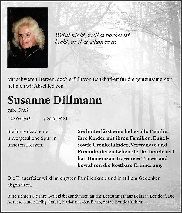Obituary Susanne Dillmann, Bendorf