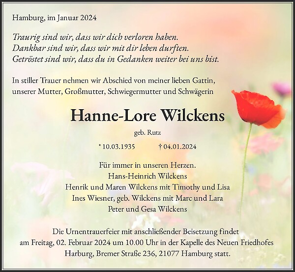 Obituary Hanne-Lore Wilckens