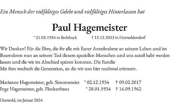 Obituary Paul Hagemeister