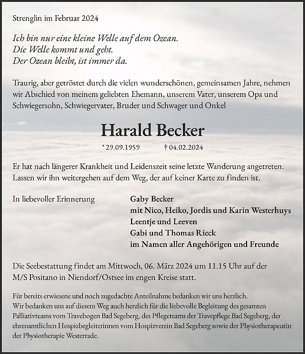 Obituary Harald Becker, Strenglin