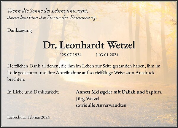 Obituary Dr. Leonhardt Wetzel, Remptendorf
