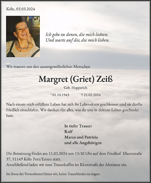 Obituary Margret (Griet) Zeiß, Köln