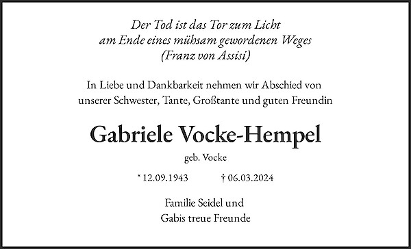 Obituary Gabriele Vocke-Hempel, Burscheid