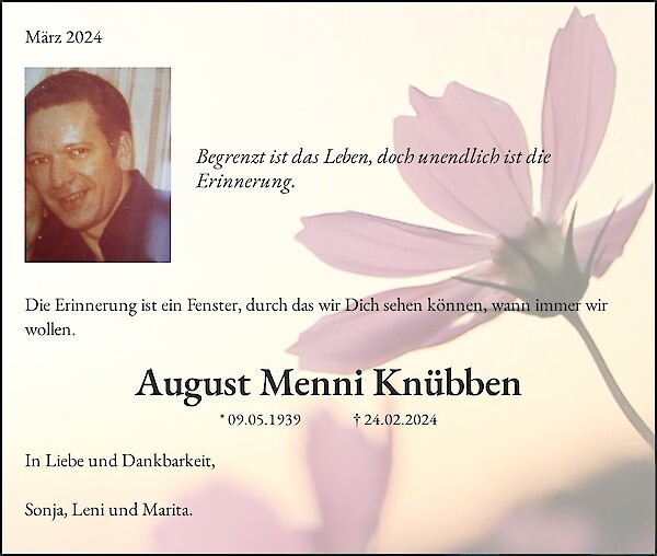 Obituary August Menni Knübben, Mönchengladbach - Rheindahlen