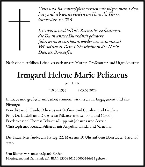 Obituary Irmgard Helene Marie Pelizaeus