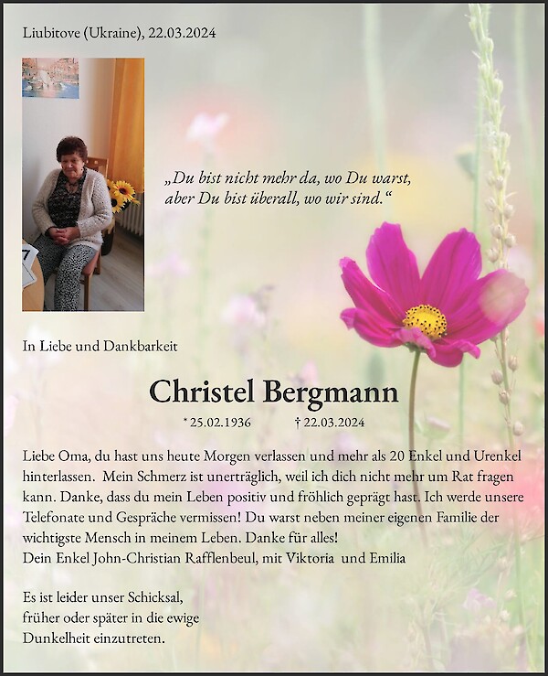 Obituary Christel Bergmann, Schwelm