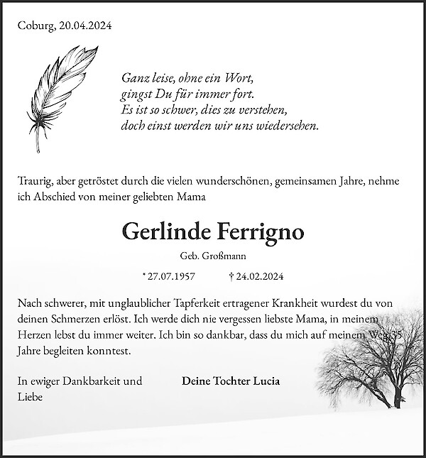 Obituary Gerlinde Ferrigno, Coburg