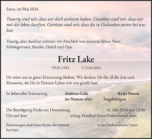 Obituary Fritz Lake, Essen
