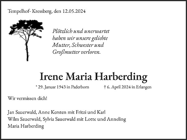 Obituary Irene Maria Harberding, Tempelhof-Kressberg