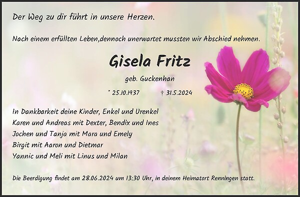 Obituary Gisela Fritz, Renningen