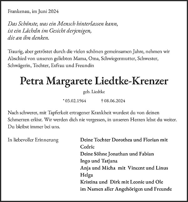 Obituary Petra  Margarete Liedtke-Krenzer, Frankenberg/Eder