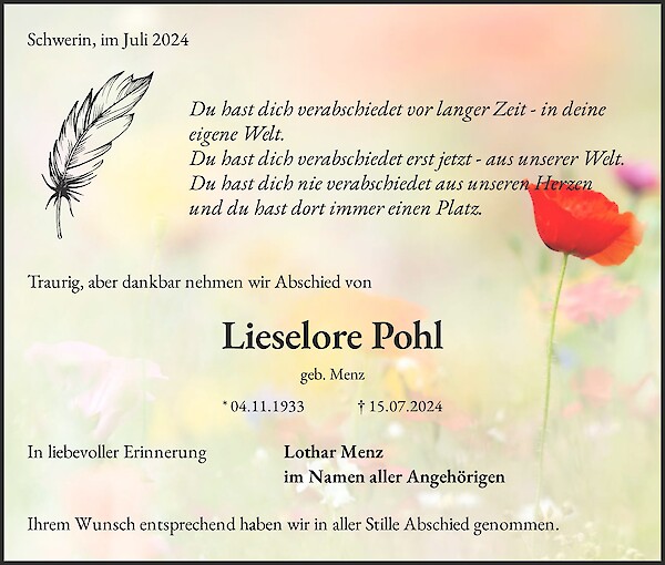 Obituary Lieselore Pohl, Schwerin