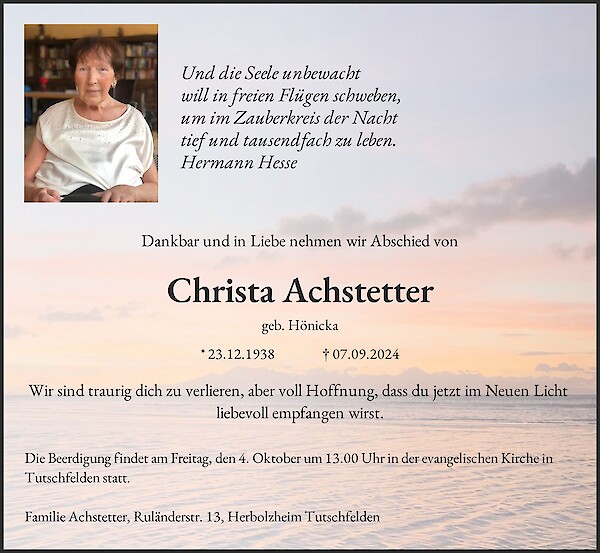 Obituary Christa Achstetter