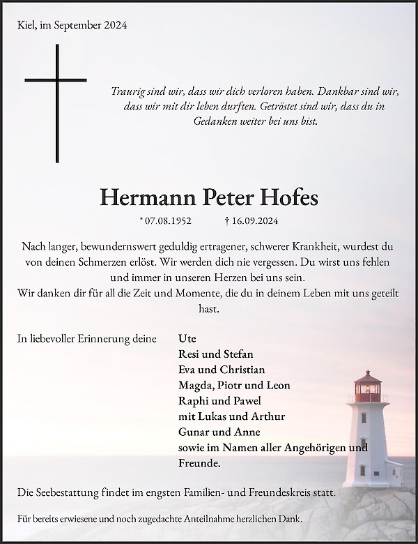Obituary Hermann Peter Hofes, Kiel