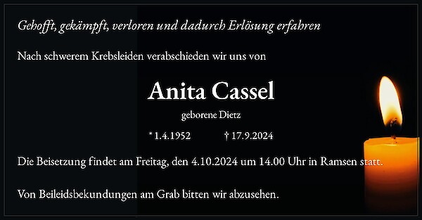 Traueranzeige von Anita Cassel, Ramsen