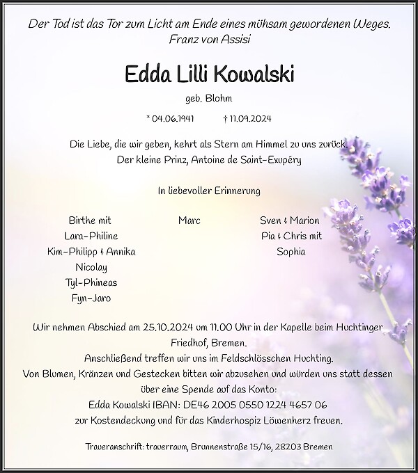 Obituary Edda Lilli Kowalski, Trittau
