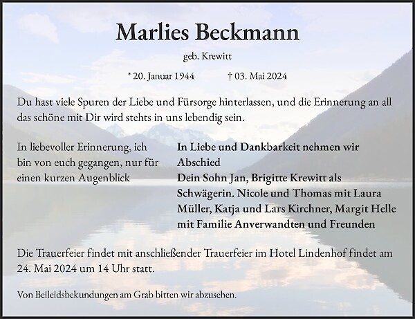 Obituary Marlies Beckmann, Warstein