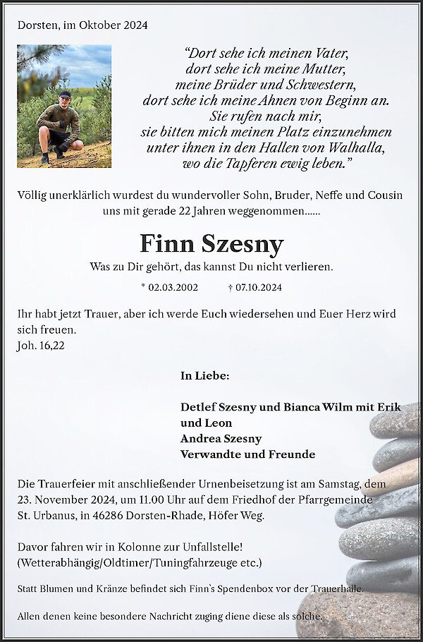 Obituary Finn Szesny, Dorsten-Rhade