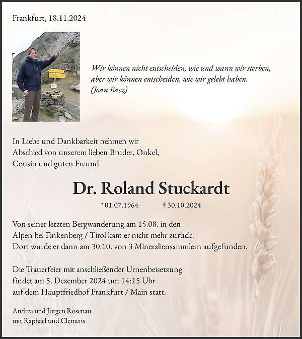 Obituary Dr. Roland Stuckardt, Frankfurt