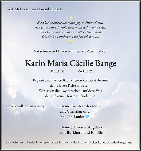 Obituary Karin Maria Cäcilie Bange