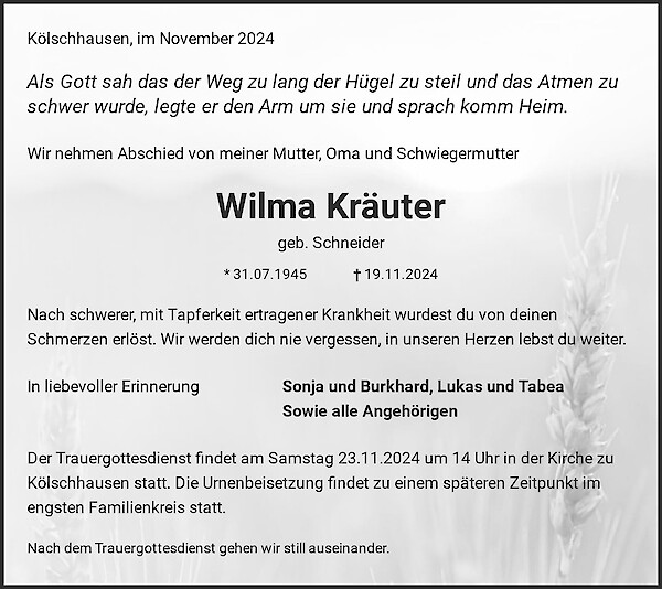 Obituary Wilma Kräuter, Ehringshausen