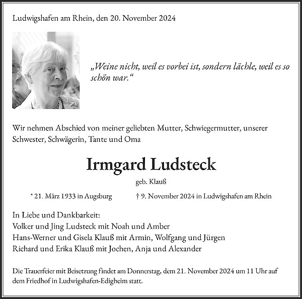 Obituary Irmgard Ludsteck, Ludwigshafen