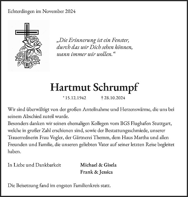Obituary Hartmut Schrumpf, Echterdingen