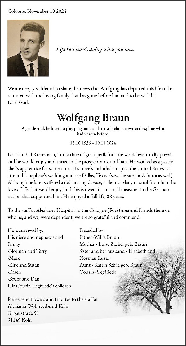 Traueranzeige von Wolfgang Braun, Köln