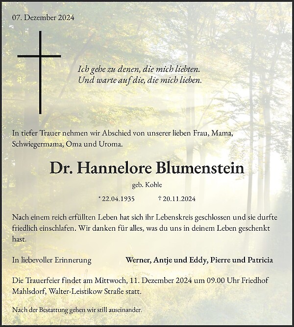 Obituary Dr. Hannelore Blumenstein, Berlin