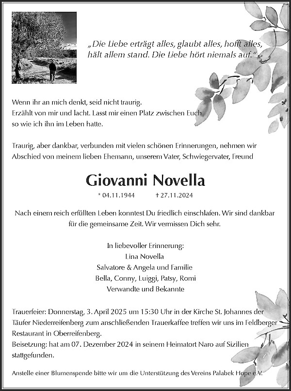 Obituary Giovanni Novella, Schmitten