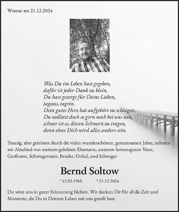 Obituary Bernd Soltow, Wismar