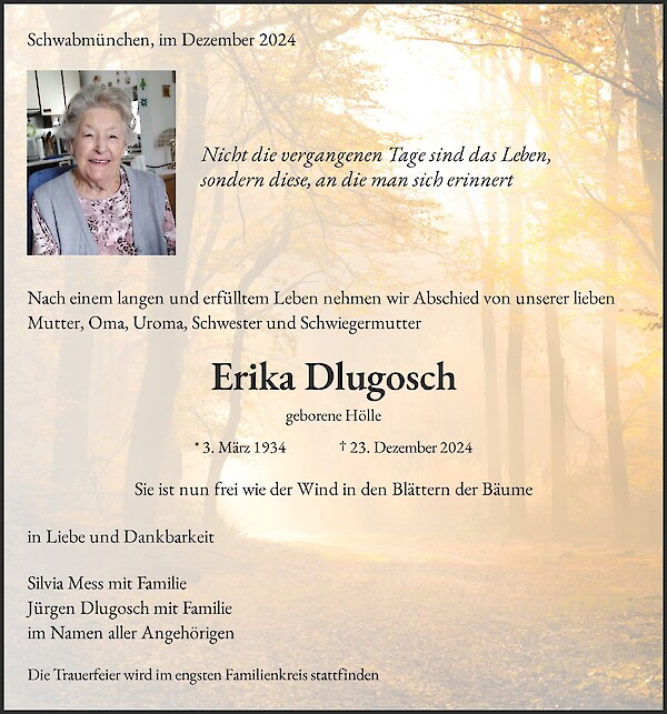 Obituary Erika Dlugosch, Schwabmünchen