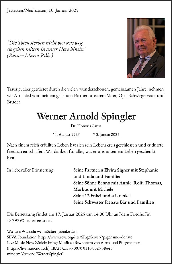 Obituary Werner Arnold Spingler