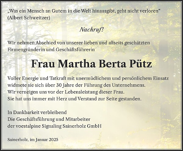 Obituary Frau Martha Berta Pütz