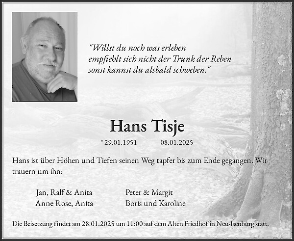 Obituary Hans Tisje, Neu-Isenburg