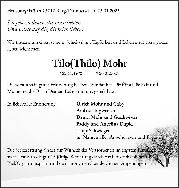 Obituary Tilo(Thilo) Mohr, Flensburg/Früher Burg/Dithmarschen