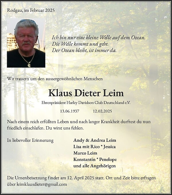 Obituary Klaus Dieter Leim, Rodgau