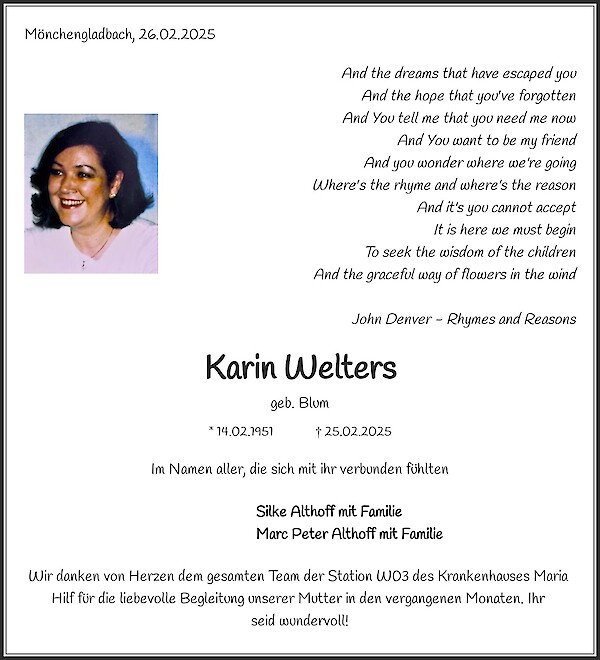 Obituary Karin Welters