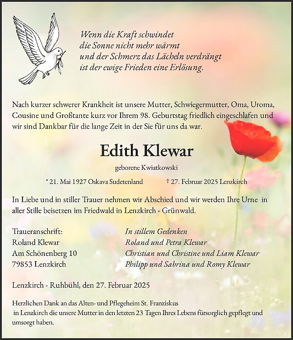 Obituary Edith Klewar, Lenzkirch